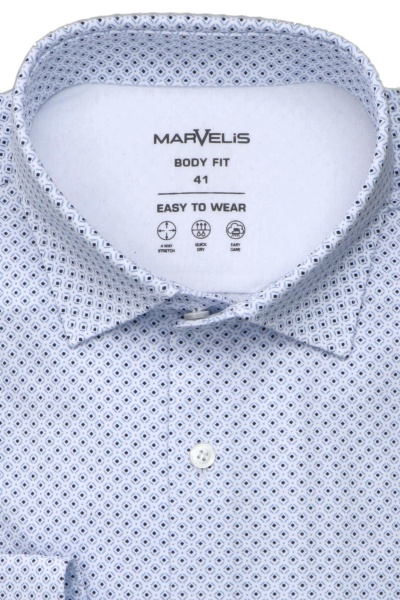 MARVELIS Body Fit Hemd extra langer Arm Haifischkragen Stretch Jersey Muster weiß