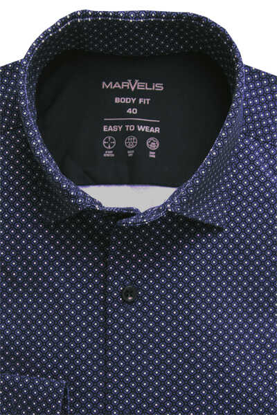 MARVELIS Body Fit Hemd extra langer Arm Haifischkragen Stretch Jersey Muster nachtblau