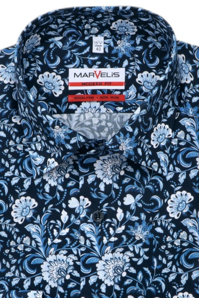 MARVELIS Modern Fit Hemd Langarm New Kent Kragen Blumenmuster blau
