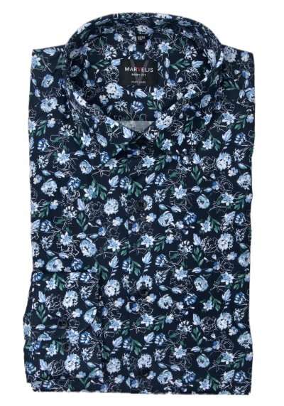 MARVELIS Body Fit Hemd extra langer Arm New Kent Kragen Blumenmuster blau