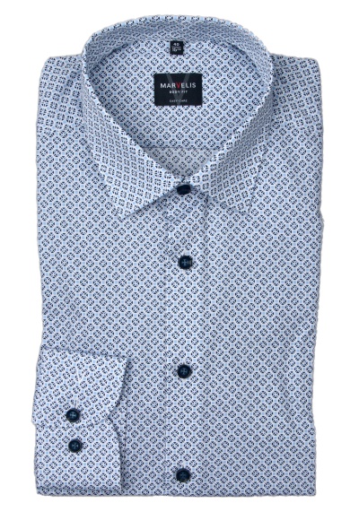 MARVELIS Body Fit Hemd extra langer Arm New Kent Kragen Muster blau