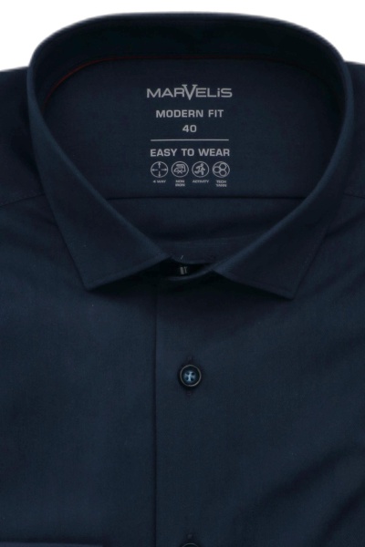 MARVELIS Modern Fit Hemd extra langer Arm New Kent Kragen Stretch nachtblau