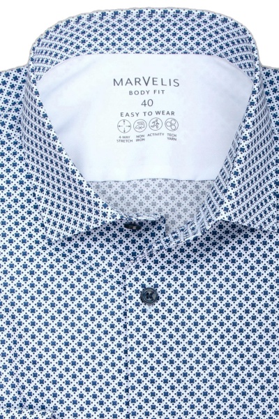 MARVELIS Body Fit Hemd extra langer Arm New Kent Kragen Muster weiß