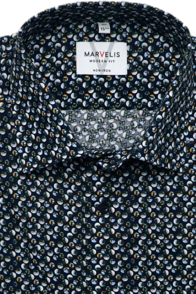 MARVELIS Modern Fit Hemd extra langer Arm New Kent Kragen Muster navy