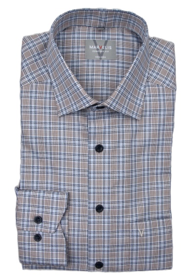 MARVELIS Comfort Fit Hemd Langarm New Kent Kragen Karo blau