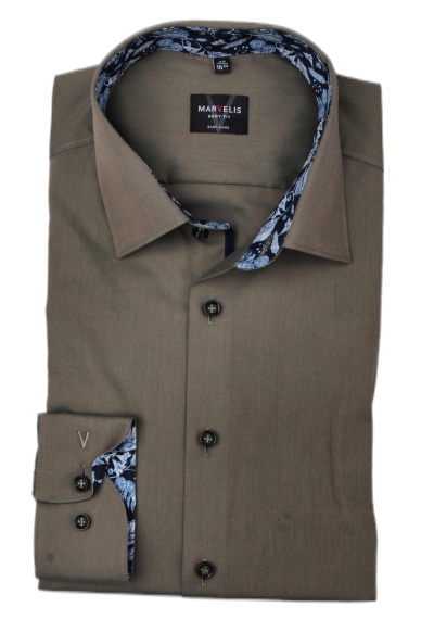 MARVELIS Body Fit Hemd Langarm New Kent Kragen Chambray oliv