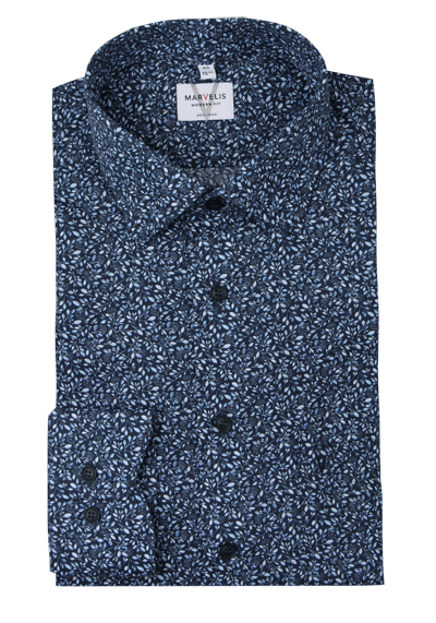 MARVELIS Modern Fit Hemd extra langer Arm New Kent Kragen Blumenmuster dunkelblau preisreduziert