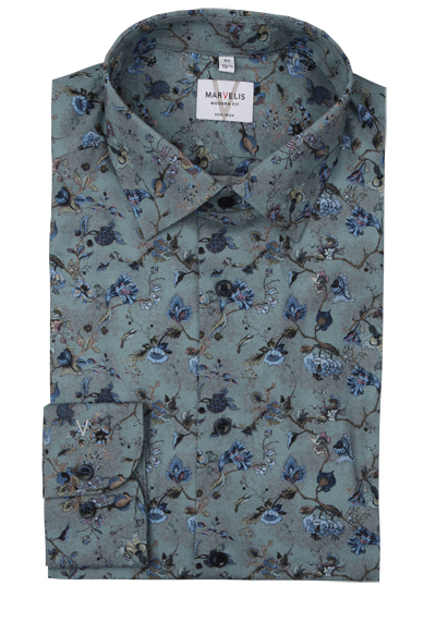 MARVELIS Modern Fit Hemd extra langer Arm New Kent Kragen Blumenmuster gr�n