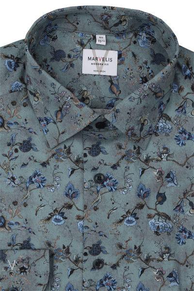 Produktbild f�r 'MARVELIS Modern Fit Hemd extra langer Arm New Kent Kragen Blumenmuster gr�n'