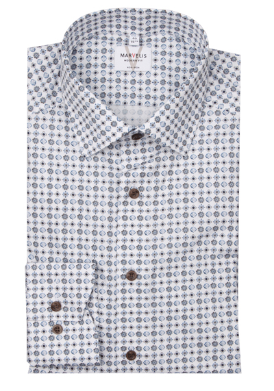 MARVELIS Modern Fit Hemd Langarm New Kent Kragen Popeline Muster blau