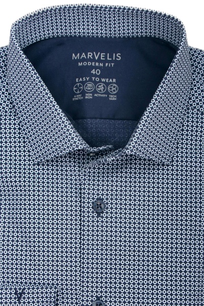 MARVELIS Modern Fit Hemd Langarm New Kent Kragen Stretch Punkte dunkelblau