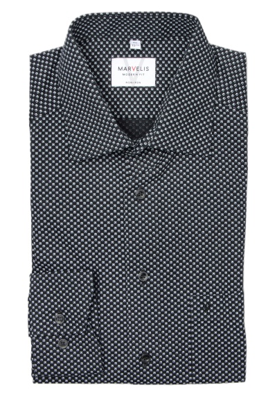 MARVELIS Modern Fit Hemd Langarm New Kent Kragen Muster schwarz