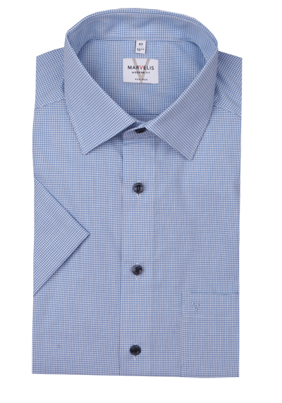 MARVELIS Modern Fit Hemd Halbarm New Kent Kragen Karo mittelblau