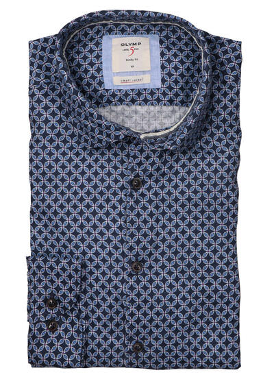 OLYMP Level Five Smart Casual body fit Hemd Langarm Haifischkragen Leinen Muster blau