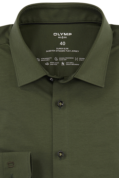 OLYMP No. Six 24/Seven super slim Businesshemd extra langer Arm Haifischkragen Jersey oliv