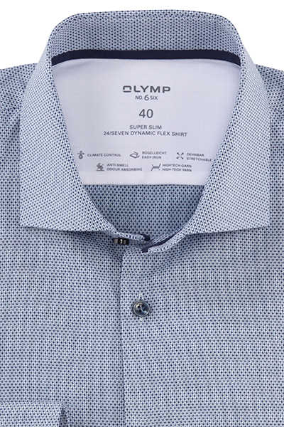 OLYMP No. Six super slim Hemd extra langer Arm New Kent Kragen Muster blau