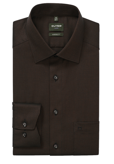OLYMP Luxor modern fit Hemd extra langer Arm New Kent Kragen Muster braun preisreduziert