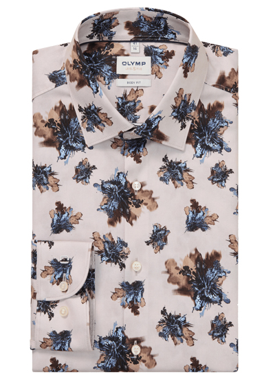 OLYMP Level Five body fit Hemd Langarm New Kent Kragen Blumenmuster beige