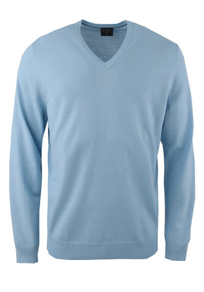 OLYMP Casual Strick Pullover V-Ausschnitt extrafeine Merinowolle hellblau