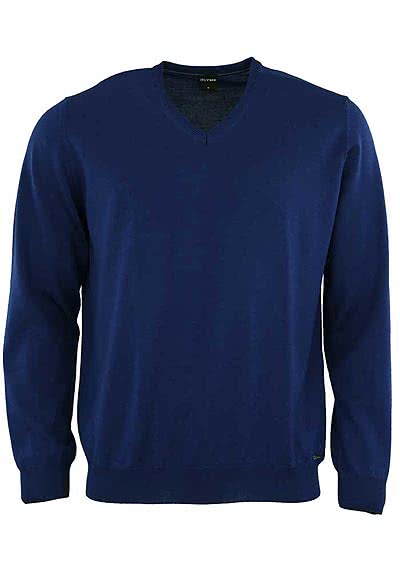 OLYMP Strick Pullover V-Ausschnitt extrafeine Merinowolle blau