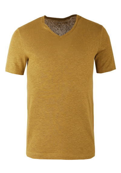 OLYMP Regular Fit T-Shirt Halbarm geknpfter V-Ausschnitt Leinenmix senfgelb preisreduziert