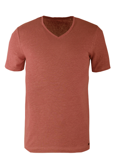 OLYMP Regular Fit T-Shirt Halbarm geknpfter V-Ausschnitt Leinenmix lachs preisreduziert