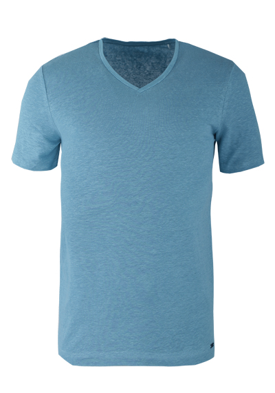 OLYMP Regular Fit T-Shirt Halbarm geknpfter V-Ausschnitt Leinenmix hellblau preisreduziert