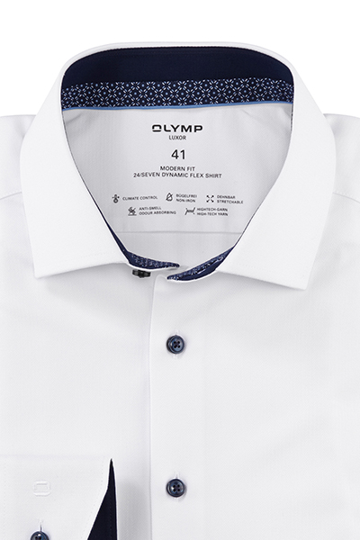 OLYMP Luxor 24/Seven modern fit Hemd extra langer Arm Haifischkragen Twill wei