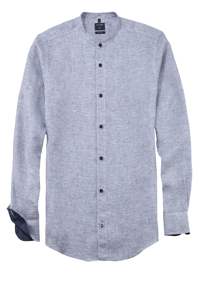 OLYMP Casual regular fit Hemd Langarm Stehkragen Leinen Ringel dunkelblau