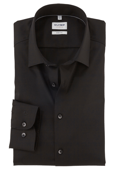 OLYMP Level Five body fit Hemd Langarm New Kent Kragen Satin schwarz