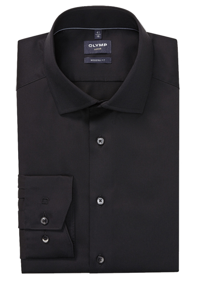 OLYMP Luxor modern fit Hemd Langarm Haifischkragen Satin schwarz