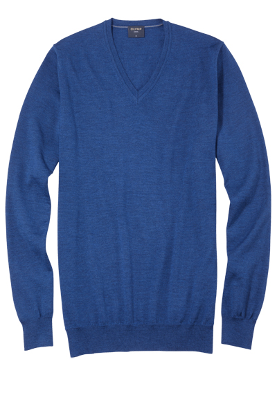 OLYMP Casual Strick Pullover V-Ausschnitt extrafeine Merinowolle blau