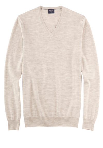 OLYMP Casual Strick Pullover V-Ausschnitt extrafeine Merinowolle hellbraun
