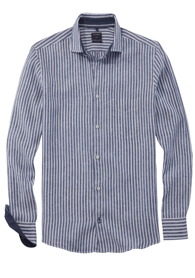 Produktbild für 'OLYMP Casual regular fit Hemd Langarm New Kent Kragen Leinen Streifen dunkelblau'