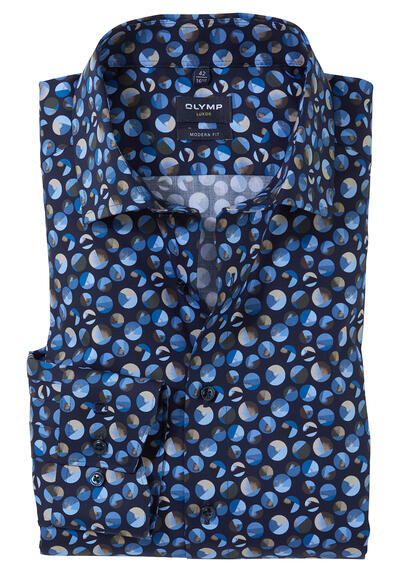 OLYMP Luxor Modern Fit Hemd extra langer Arm New Kent Kragen Muster dunkelblau