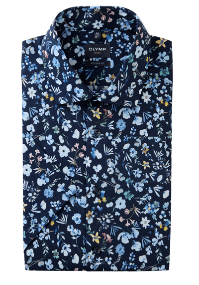 Produktbild für 'OLYMP Luxor modern fit Hemd Halbarm New Kent Kragen Blumenmuster dunkelblau'