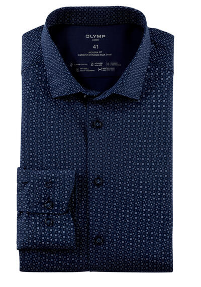 Produktbild für 'OLYMP Luxor modern fit Hemd extra kurzer Arm New Kent Kragen Muster dunkelblau'