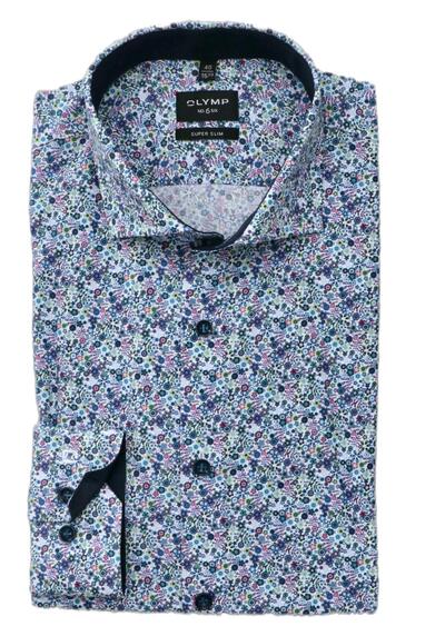 OLYMP No. Six super slim Hemd extra langer Arm New Kent Kragen Blumenmuster blau