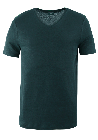 OLYMP Regular Fit T-Shirt Halbarm geknpfter V-Ausschnitt Leinenmix dunkelgrn preisreduziert