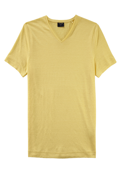 Produktbild für 'OLYMP Regular Fit T-Shirt Halbarm geknpfter V-Ausschnitt Leinenmix gelb'