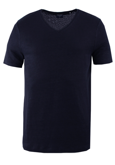 OLYMP Regular Fit T-Shirt Halbarm geknpfter V-Ausschnitt Leinenmix nachtblau preisreduziert