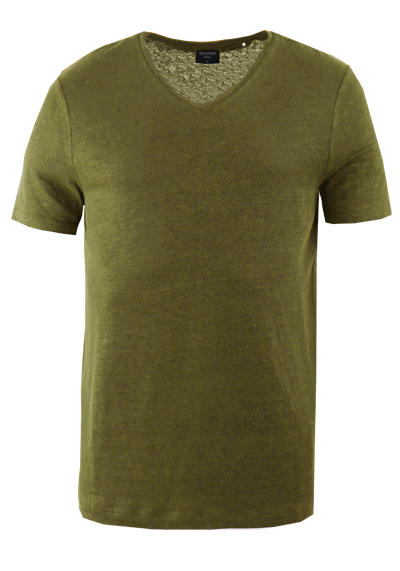 OLYMP Regular Fit T-Shirt Halbarm geknpfter V-Ausschnitt Leinenmix oliv preisreduziert