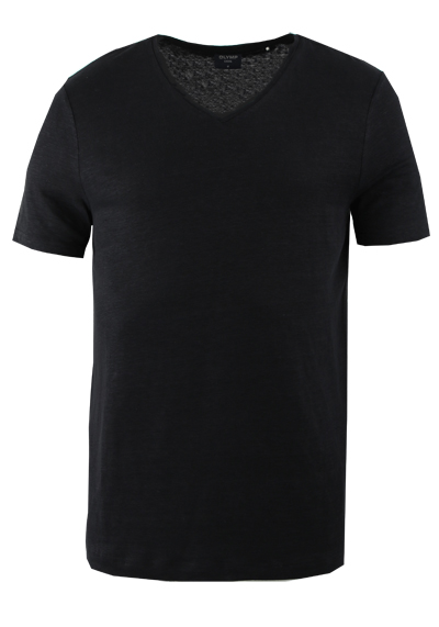OLYMP Regular Fit T-Shirt Halbarm geknpfter V-Ausschnitt Leinenmix schwarz