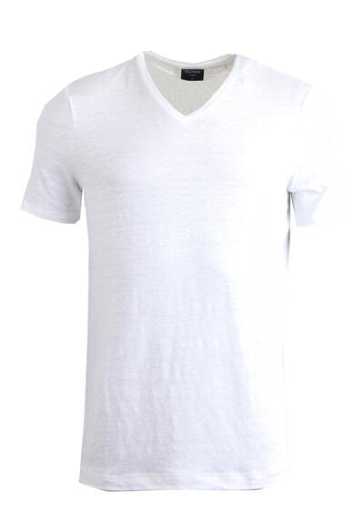 Produktbild für 'OLYMP Regular Fit T-Shirt Halbarm geknpfter V-Ausschnitt Leinenmix wei'