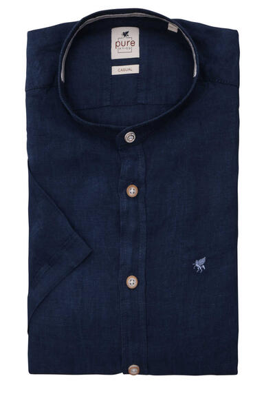 PURE Casual Fit Hemd Kurzarm Stehkragen Leinen nachtblau