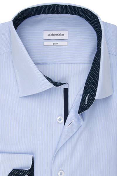 SEIDENSTICKER Slim Fit Hemd extra langer Arm New Kent Kragen Streifen hellblau