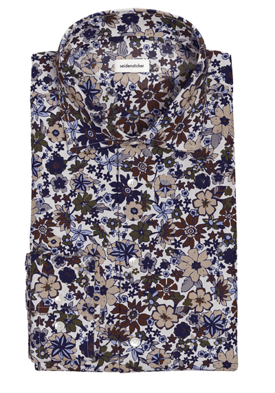 Produktbild für 'SEIDENSTICKER Regular Hemd Langarm New Kent Kragen Leinen Blumenmuster braun'