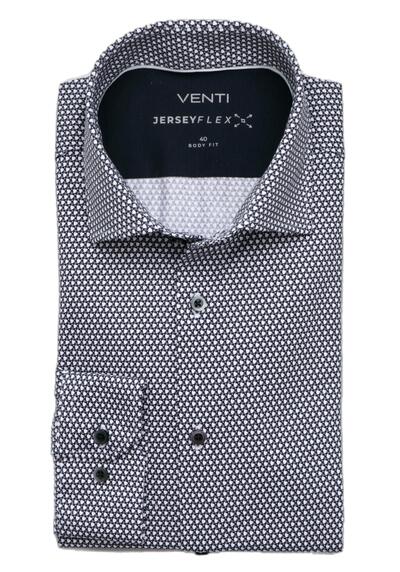 VENTI Body Fit Hemd Langarm Haifischkragen Jersey Stretch Muster blau