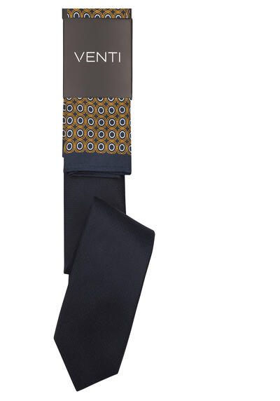 VENTI Krawatte + Einstecktuch Set aus reiner Seide Muster dunkelblau preisreduziert