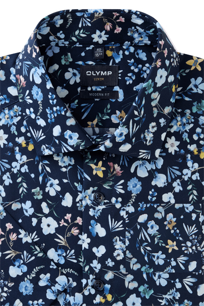 Produktbild fr 'OLYMP Luxor modern fit Hemd Halbarm New Kent Kragen Blumenmuster dunkelblau'